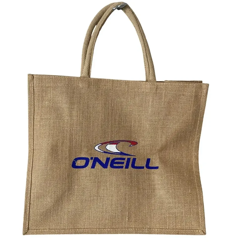 O'Neill Tote Bag Tan Jute Burlap Logo Surf Beach Shopper Reusable Y2K